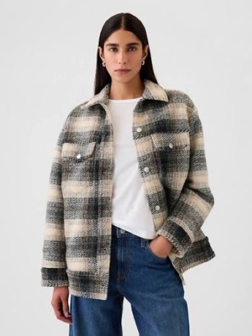 GAP Women's Wool Blend Relaxed Neutral Plaid Relaxed Shacket Jacket  | Size: XL